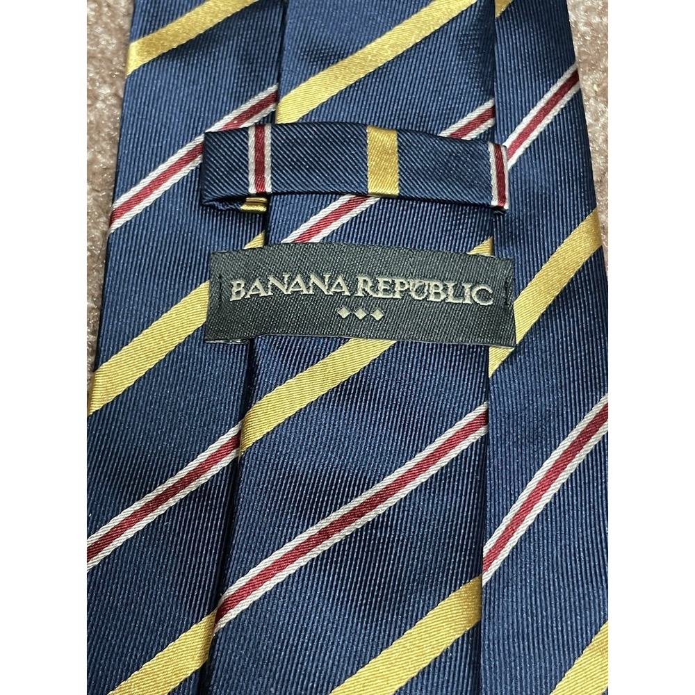 Banana Republic 100% Silk Mens Tie Blue Gold Red Stripes Vintage Designer 3.75" - Picture 2 of 7